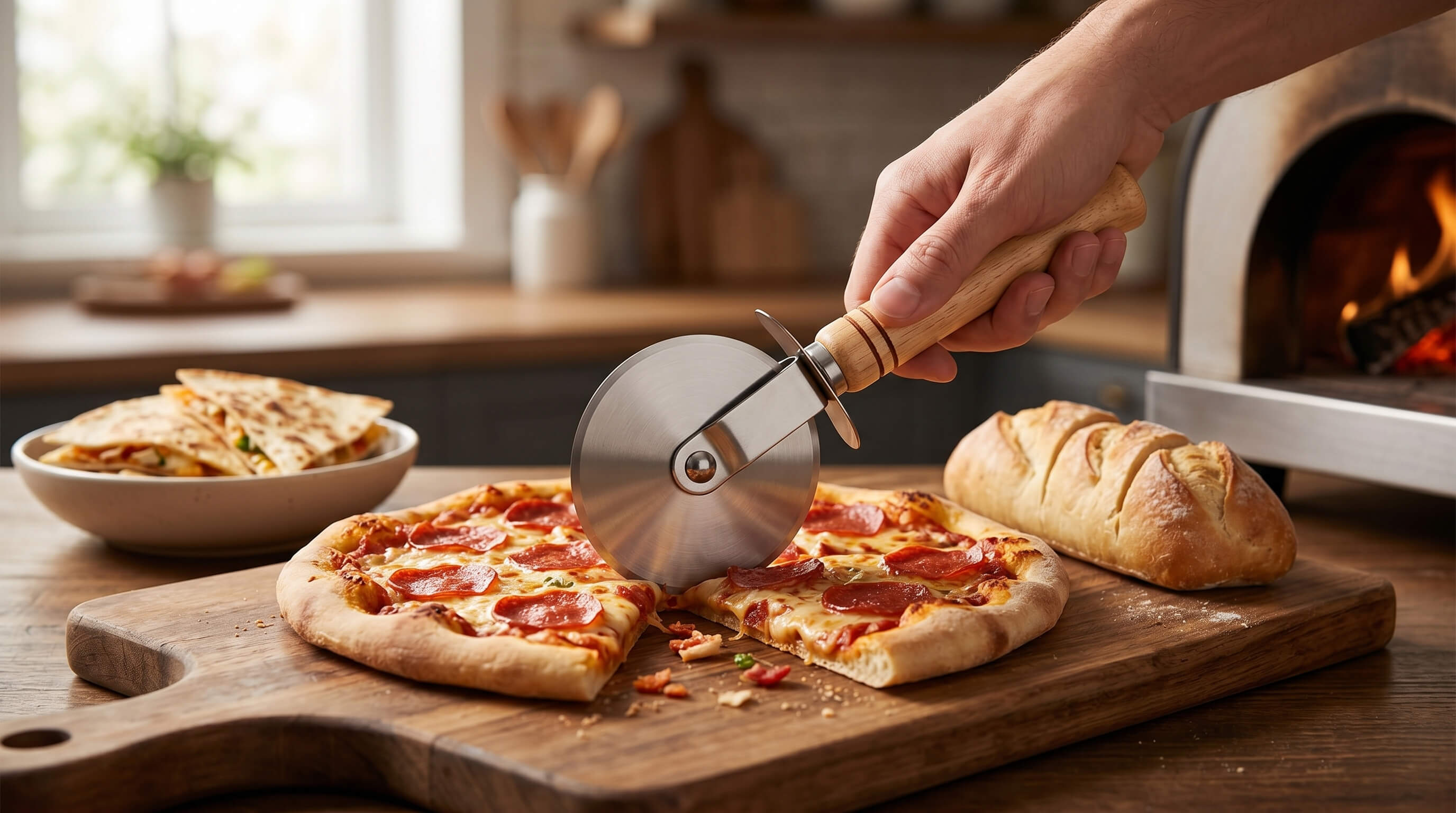 Kráječ na pizzu s dřevěnou rukojetí