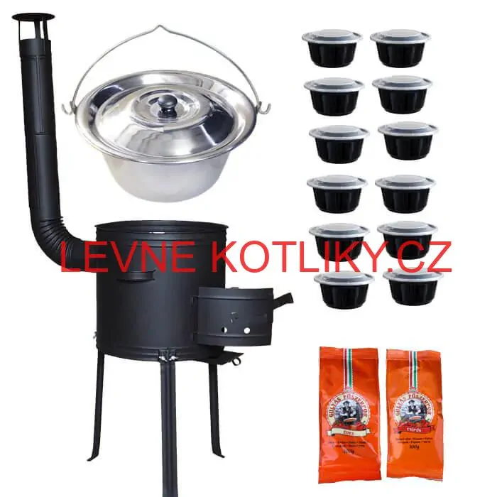Nerezový kotlík 22 L (0,8 mm) INOX + žáruvzdorná kotlina 42 cm Plus 700 + misky 12 ks + 2 x pepř na guláš 100 g