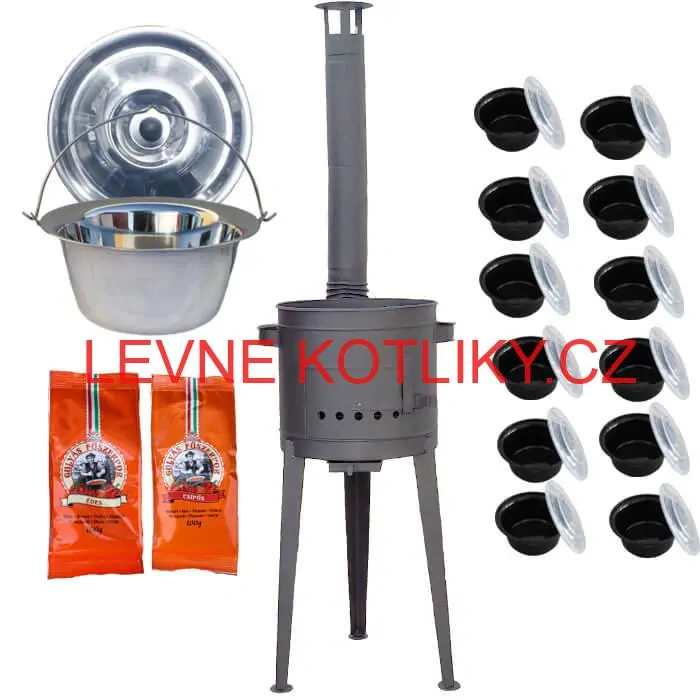 Nerezový kotlík 22 L (0,8 mm) INOX + vysoká žáruvzdorná kotlina (1,5 mm) HODO 42 cm PLUS 600 + misky 12 ks + 2 x pepř na guláš 100 g