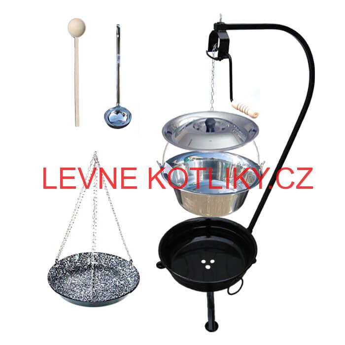 Nerezový kotlík 10 L (0,8 mm) + smaltovaná pánev a prenosne ohniště