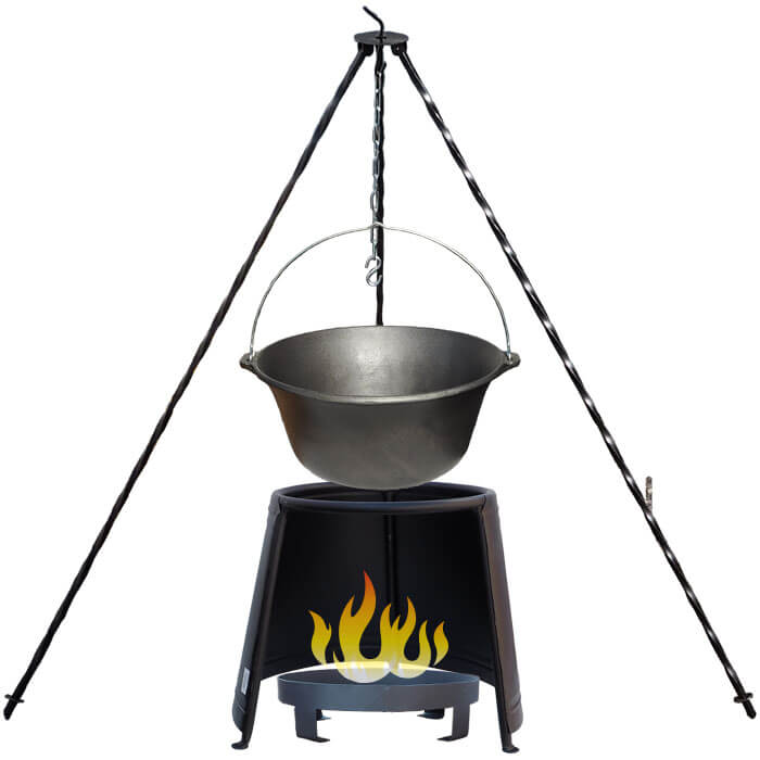 Litinový kotlík 7,2 L + chránič plamene 32 cm + ohniště 36 cm + trojnožka 1,2 m