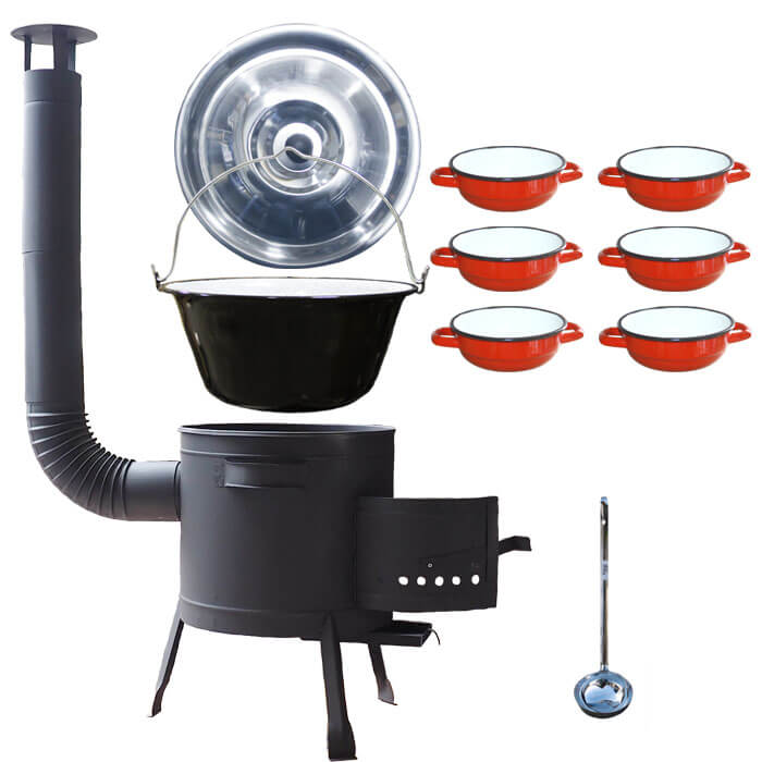 Smaltovaný kotlík 25 L + selské misky 6 ks + nízká žáruvzdorná kotlina 42 cm PLUS 600