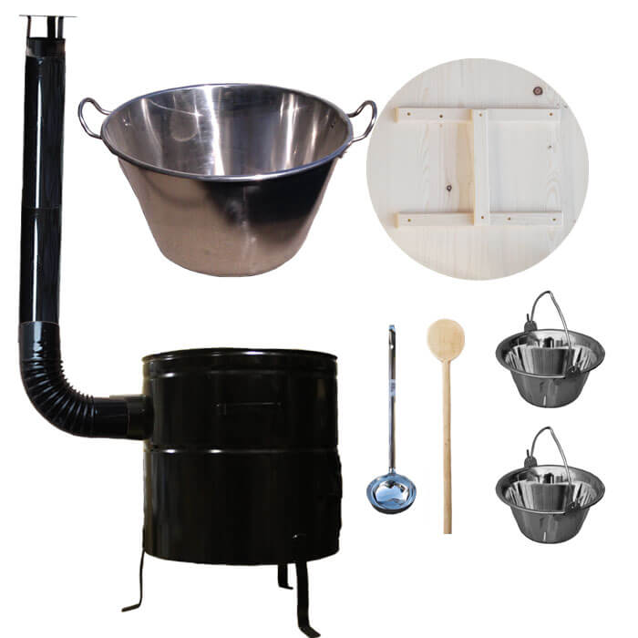 Zabijačkový nerezový kotel 100 L, kovová kotlina 60 cm, smaltovaná poklice + 2 servírovací nerezové kotlíky zdarma