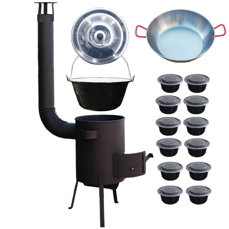 Smaltovaný kotlík 22 L + Pánev PAELLA (WOK) 45 cm + misky 12 ks + žáruvzdorná kotlina 42 PLUS 600 s roštem na popel 4 mm