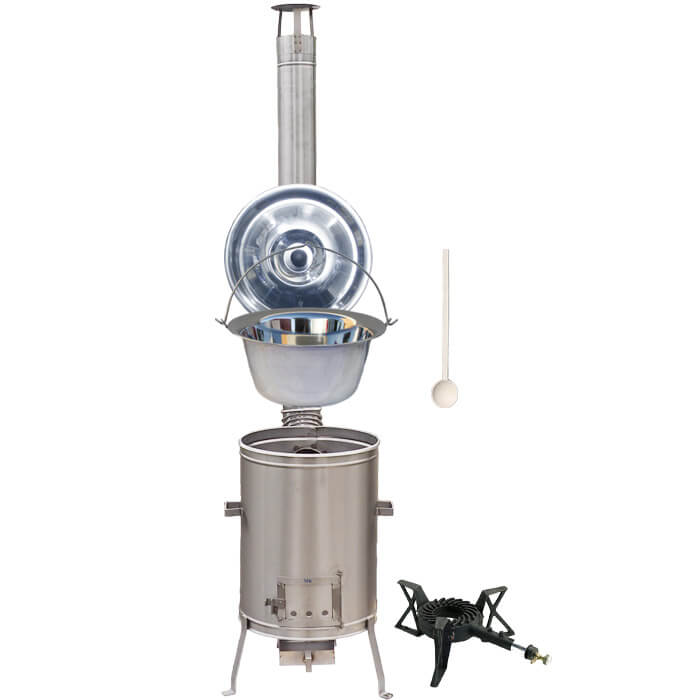 Nerezový kotlík 20 L (1,2 mm) + nerezová kotlina 42 cm + litinový hořák 7 kW, vařečka LUX