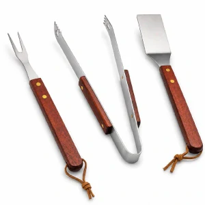 Grilovací nářadí BBQ – sada 3 ks, nerez a dřevo, 33 cm