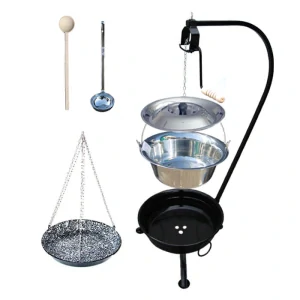 Nerezový kotlík 10 L (0,8 mm) INOX + smaltovaná pánev + ohniště se stojanem as pojistnou kladkou VAR