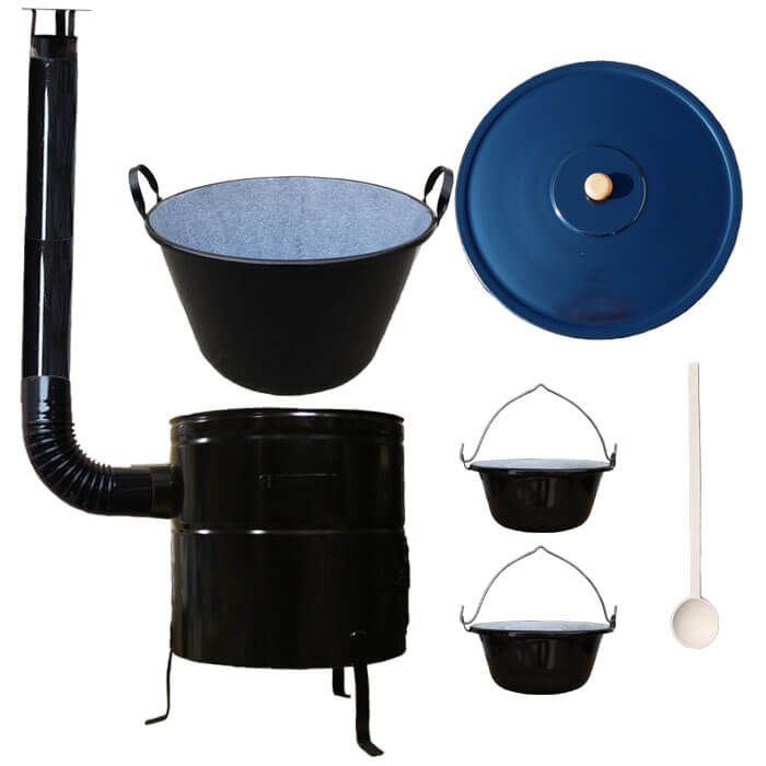 Zabijačkový smaltovaný kotel 100 L + kovová kotlina 58 cm + 2 servírovací kotlíky a kouřovod