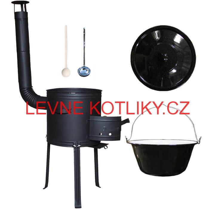 Smaltovaný kotlík 25 L (1,2 mm) + kovová kotlina s vysokými nožičkami 42 cm + vařečka a naběračka