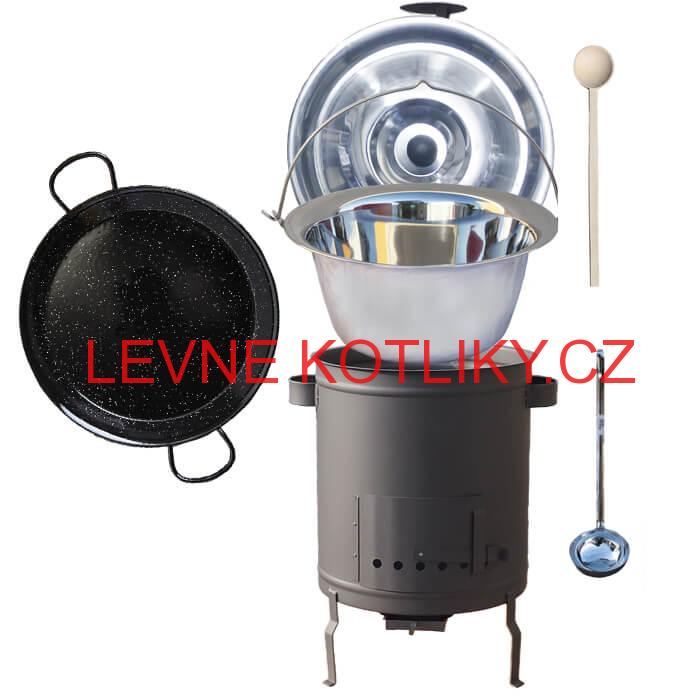 Nerezový kotlík 14 L (0,8 mm) + Paella pánev 38 cm + silnostěnná (1,5 mm) žáruvzdorná kotlina (1,5 mm) 36 PLUS 600
