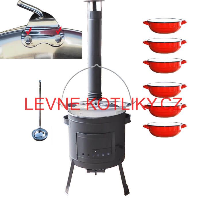 Nerezový kotlík 15 L (0,8 mm) s nýty INOX + selské misky 6 ks + nízká žáruvzdorná kotlina 36 cm PLUS 600
