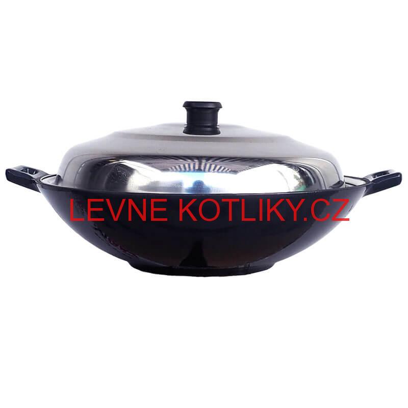 Litinový wok – smaltovaný povrch 37 cm + nerezová poklice