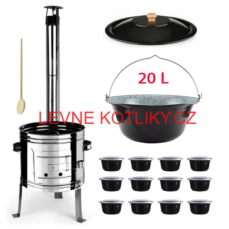 Smaltovaný kotlík 20 L + nerezová kotlina 42 INOX + vařečka + misky 12 ks