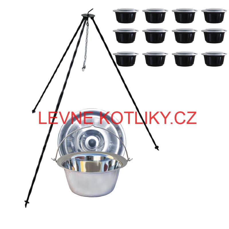 Nerezový kotlík 10 L (0,8 mm) INOX + poklice + trojnožka 1,20 m + misky 12 ks