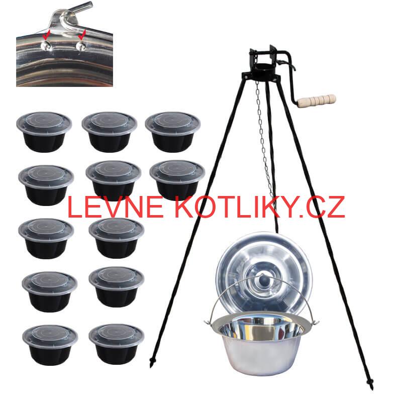Nerezový kotlík 15 L (0,8 mm) s nýty + stojan s kladkou VAR + misky 12 ks