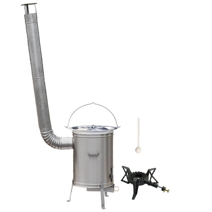 Nerezový kotlík 10 L (1,2 mm) + nerezová kotlina 36 cm + litinový hořák 7 kW, vařečka LUX