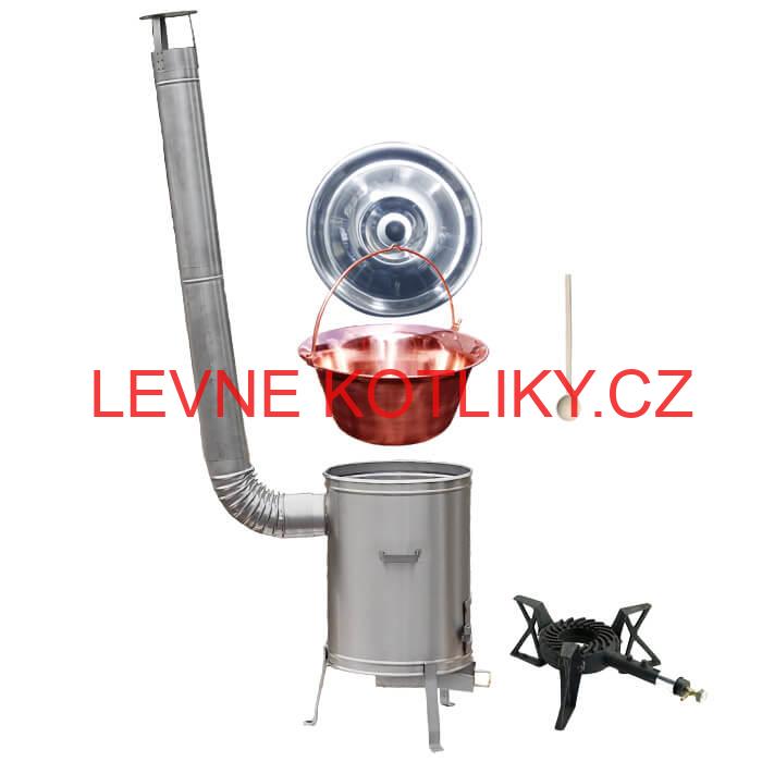 Měděný kotlík 14 L (1,2 mm) + nerezová kotlina 36 cm + litinový hořák 7 kW, vařečka LUX