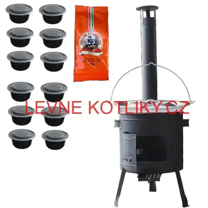 Nerezový kotlík 22 L (0,8 mm) INOX + silnostěnná (1,5 mm) žáruvzdorná kotlina BALKY STRONG 42 PLUS 600 + misky 12 ks + paprikové koření na guláš 100 g
