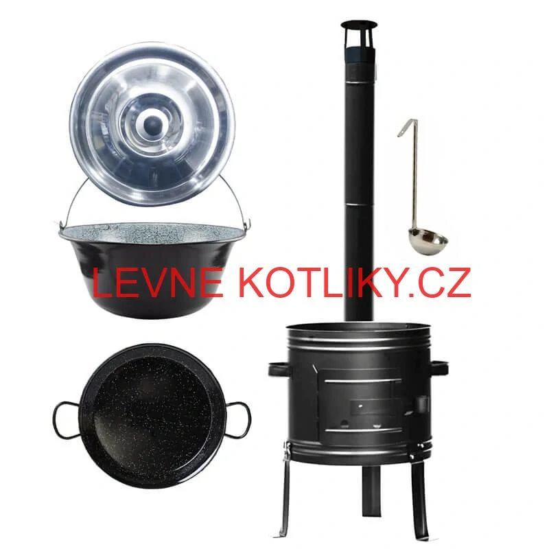 Smaltovaný kotlík 25 L + kovová kotlina + smaltovaná pánev 46 cm Paella