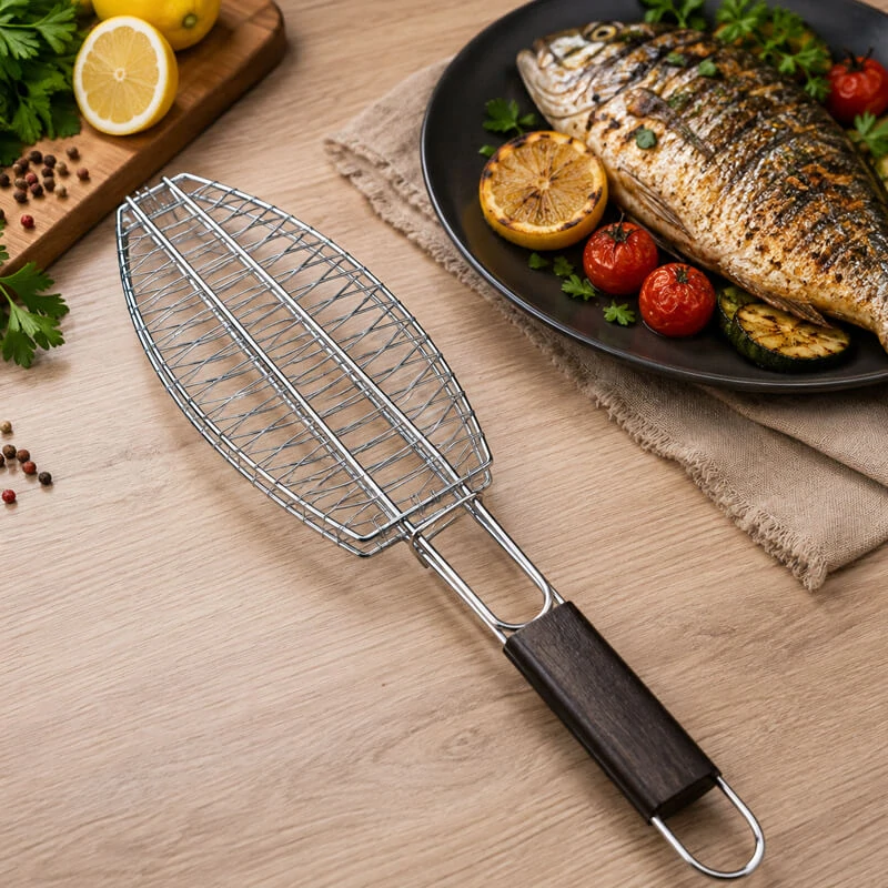 BBQ grilovací rošt na ryby – nerezové grilovací kleště 65 × 15 × 4 cm