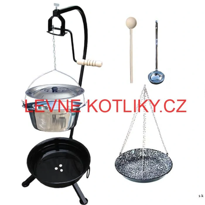 Nerezový kotlík 20 L (1,2 mm) INOX + smaltovaná pánev + ohniště se stojanem as pojistnou kladkou VAR