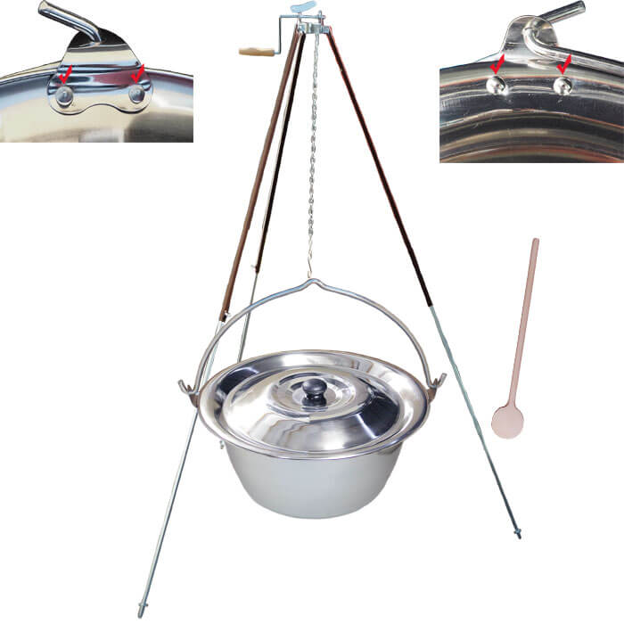 Nerezový kotlík 20 L (0,8 mm) s nýty + teleskopická trojnožka s pojistnou kladkou + poklice