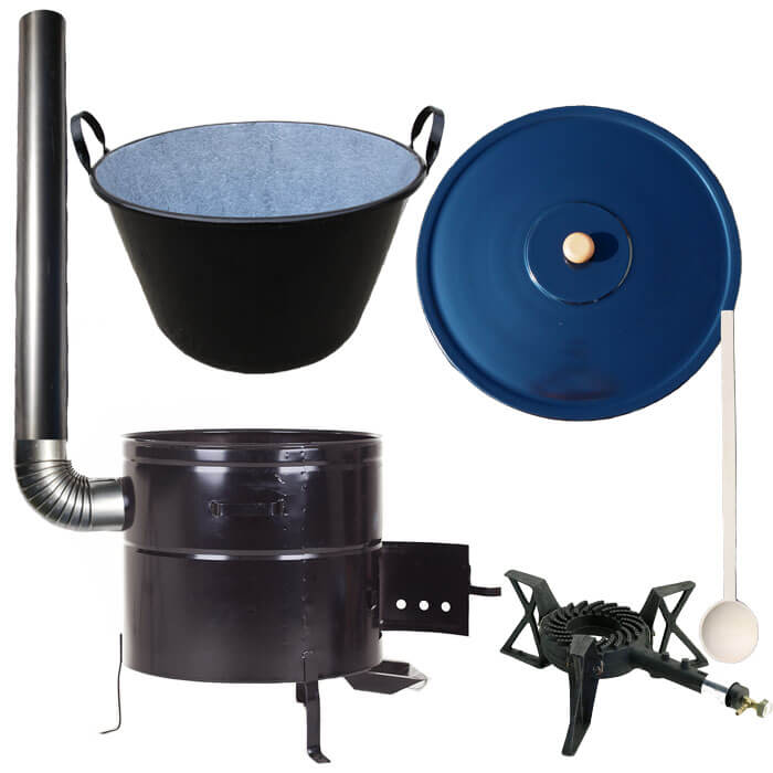 Zabijačkový smaltovaný kotel 50 L + kovová kotlina 50 cm + hořák 7 kW + kouřovod