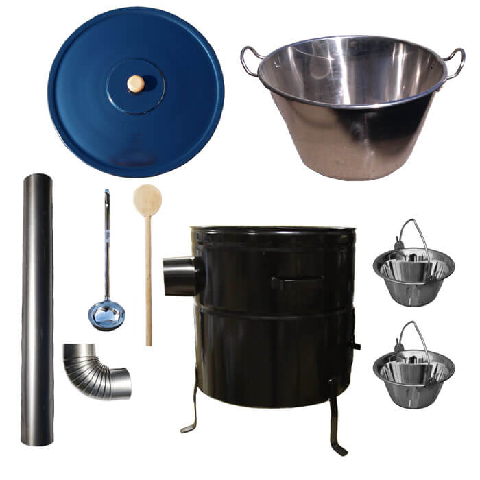 Zabijačkový nerezový kotel 80 L, kovová kotlina 58 cm, smaltovaná poklice + 2 servírovací nerezové kotlíky zdarma