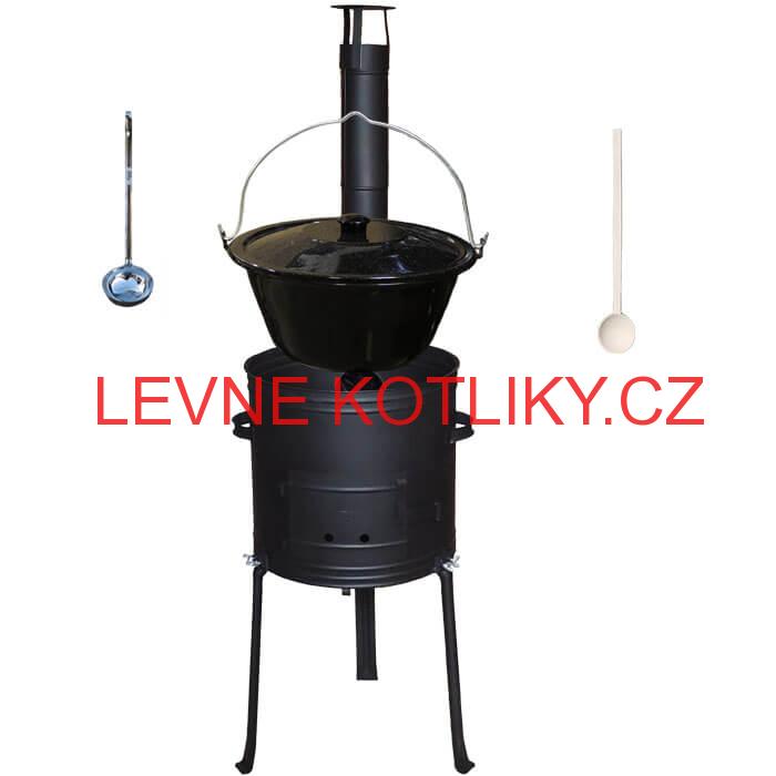Smaltovaný kotlík 25 L (1,2 mm) + kovová kotlina s vysokými nožičkami 42 cm + vařečka a naběračka