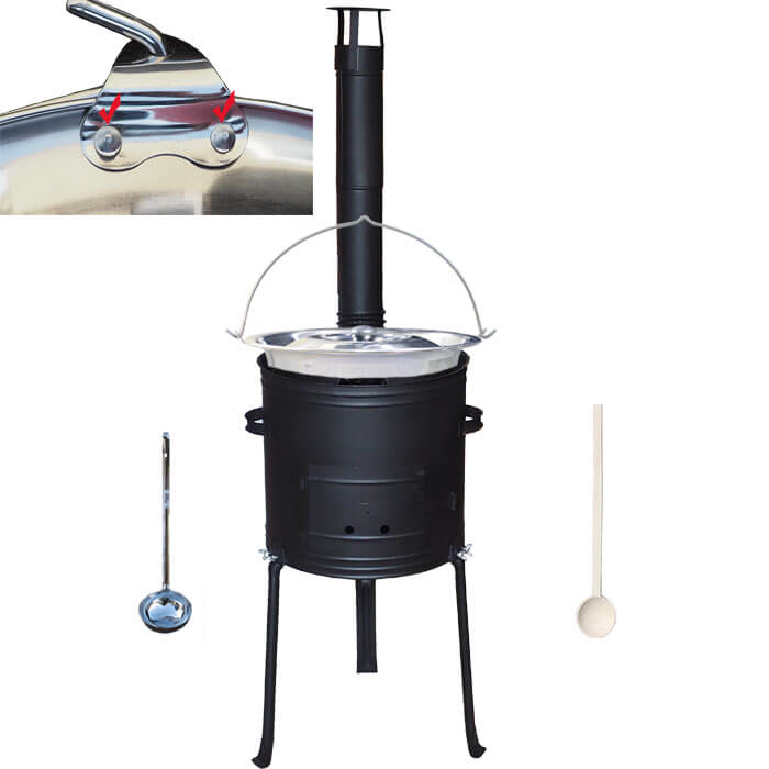 Nerezový kotlík 15 L (0,8 mm) zesílený s nýty + kovová kotlina s vysokými nožičkami 36 cm + vařečka a naběračka
