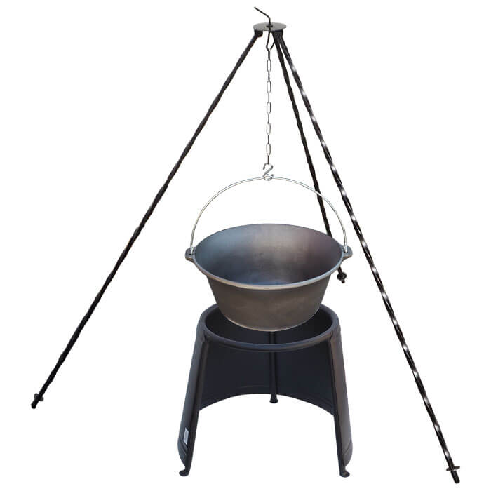 Litinový kotlík 7,2 L + chránič plamene 32 cm + trojnožka 1,2 m