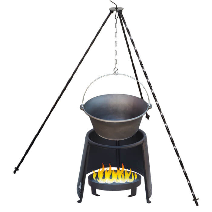 Litinový kotlík 10,8 L + chránič plamene 37 cm + ohniště 36 cm + trojnožka 1,2 m
