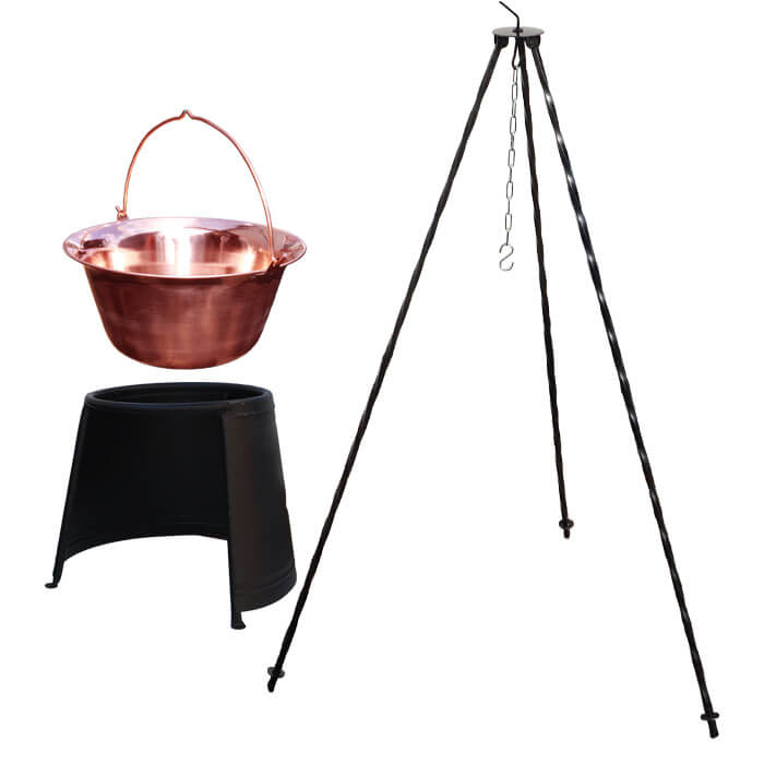 Měděný kotlík 14 L (1,2 mm) + chránič plamene 37 cm + trojnožka 1,2 m