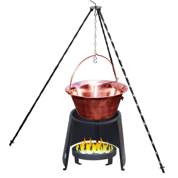 Měděný kotlík 6 L (1,2 mm) + chránič plamene 32 cm + ohniště 36 cm + trojnožka 1,2 m