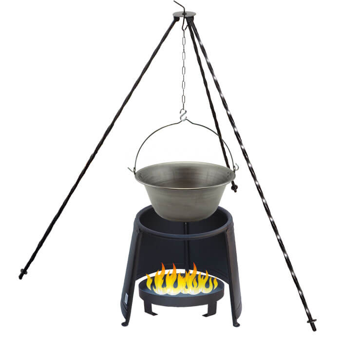 Železný kotlík 10 L (0,75 mm) + chránič plamene 37 cm + ohniště 36 cm + trojnožka 1,2 m