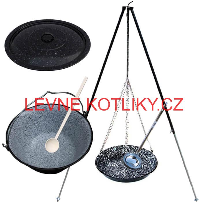 Smaltovaný kotlík 30 L + pánev na grilování + teleskopická trojnožka