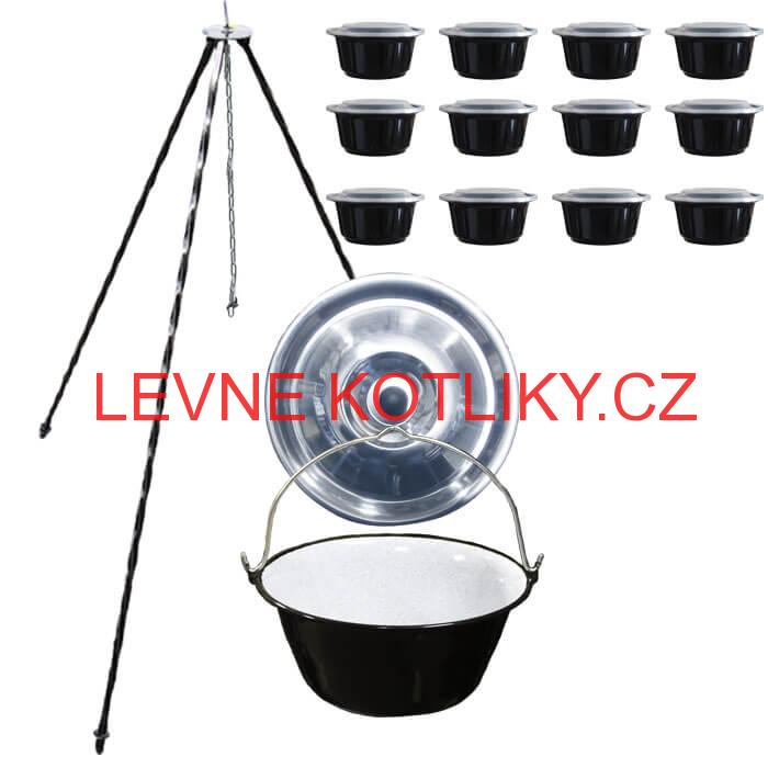 Smaltovaný kotlík 10 L (1,2 mm) + nerezová poklice + trojnožka 1,20 m + misky 12 ks