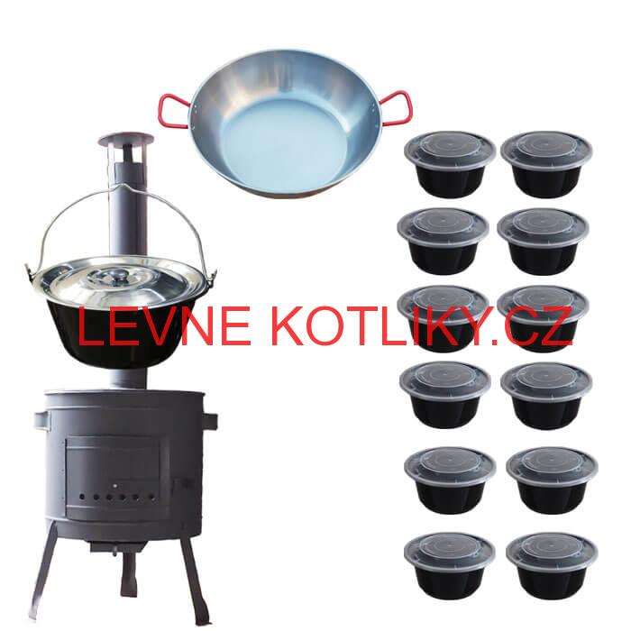 Smaltovaný kotlík 22 L + Pánev PAELLA (WOK) 45 cm + misky 12 ks + nízká kotlina 42 PLUS 600