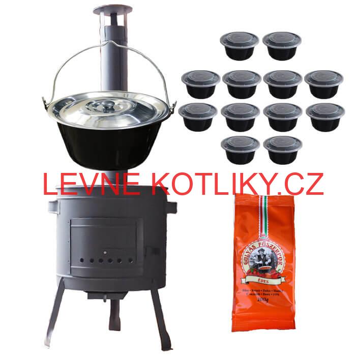 Smaltovaný kotlík 20 L (1,2 mm) + poklice + misky 12 ks + nízká žáruvzdorná kotlina (0,8 mm) 42 PLUS 600