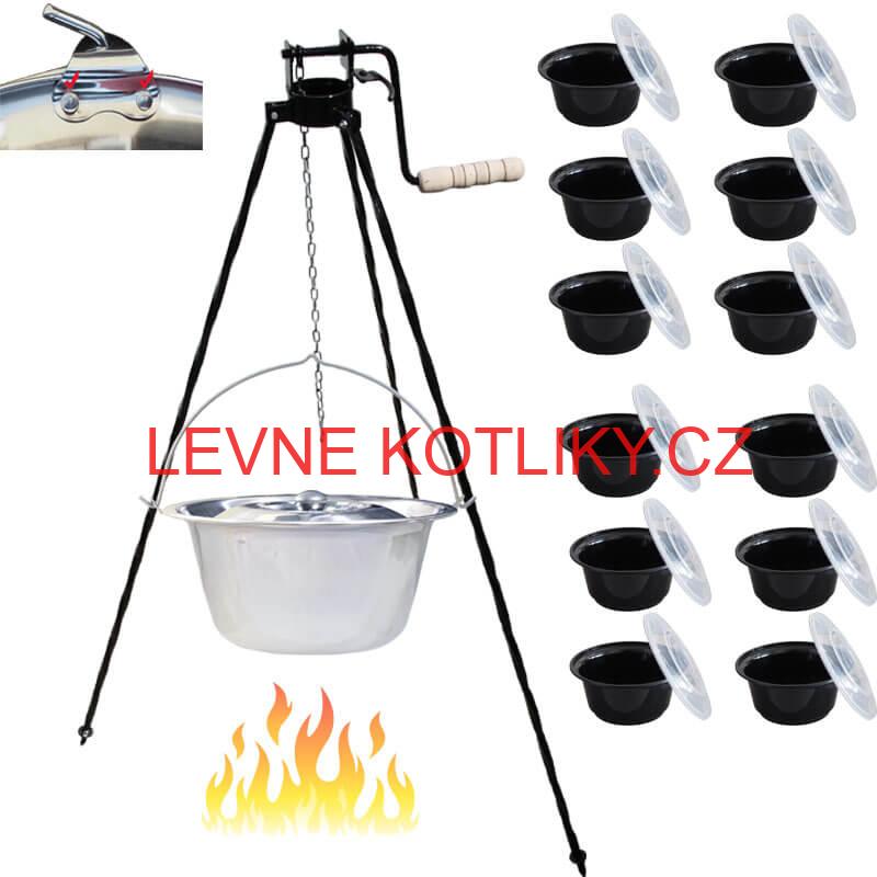 Nerezový kotlík 15 L (0,8 mm) s nýty + stojan s kladkou VAR + misky 12 ks