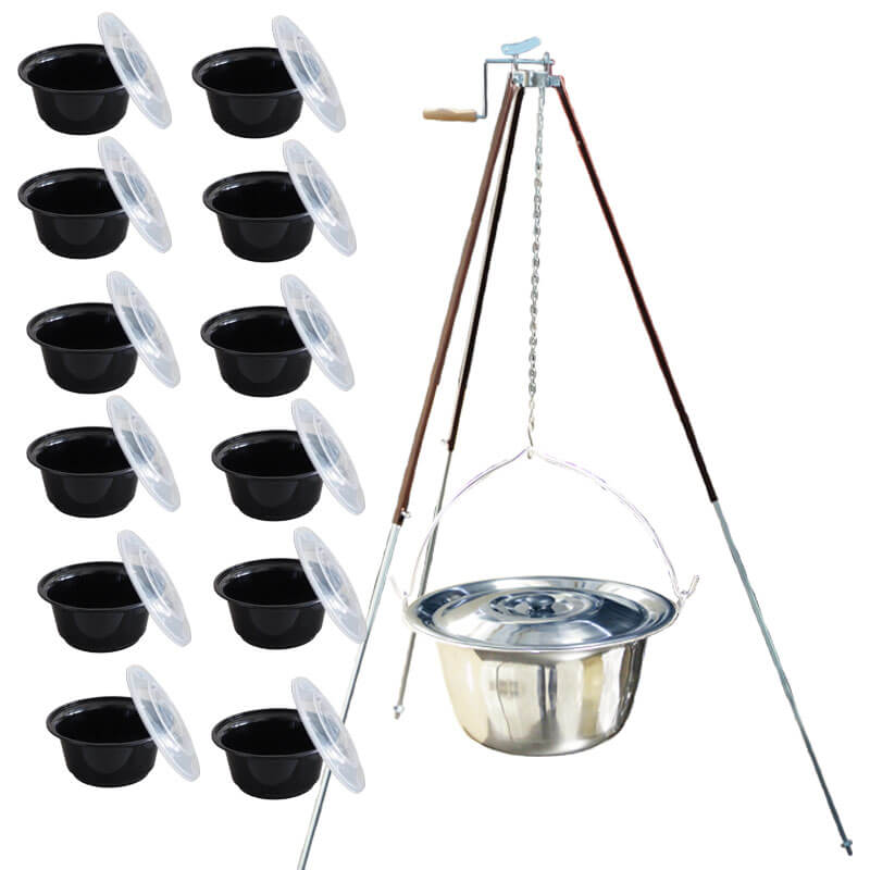 Nerezový kotlík 20 L (1,2 mm) + teleskopická trojnožka s pojistnou kladkou + misky 12 ks