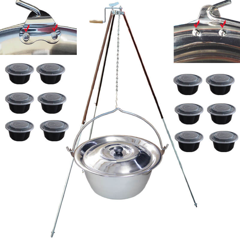 Nerezový kotlík 30 L (0,8 mm) s nýty + teleskopická trojnožka s pojistnou kladkou + misky 12 ks