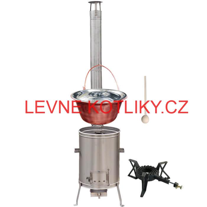 Měděný kotlík 14 L (1,2 mm) + nerezová kotlina 36 cm + litinový hořák 7 kW, vařečka LUX
