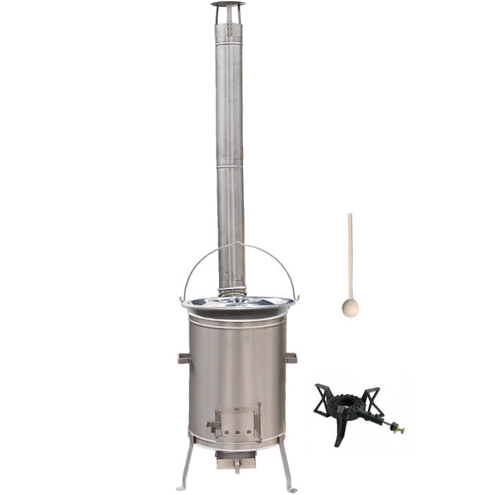 Nerezový kotlík 15 L (1,5 mm) + nerezová kotlina 36 cm + litinový hořák 7 kW, vařečka LUX