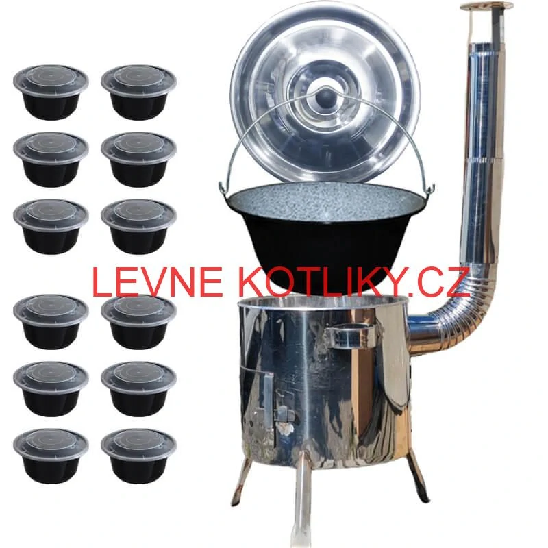 Smaltovaný kotlík 13 L + nerezová kotlina 36 INOX LUSTRO + misky 12 ks