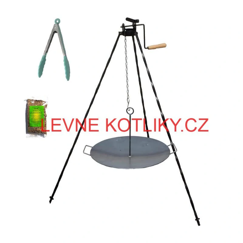 Grilovací souprava CLASSIC STEEL PRO: Trojnožka 1,2m s kladkou + Železná pánev 49 cm