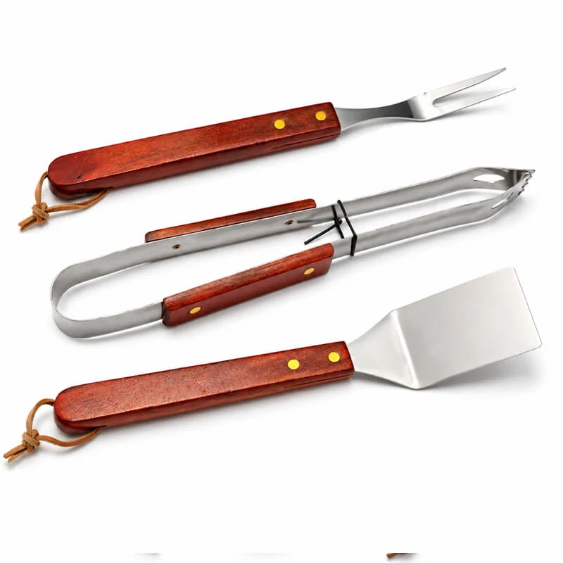 Grilovací nářadí BBQ – sada 3 ks, nerez a dřevo, 33 cm