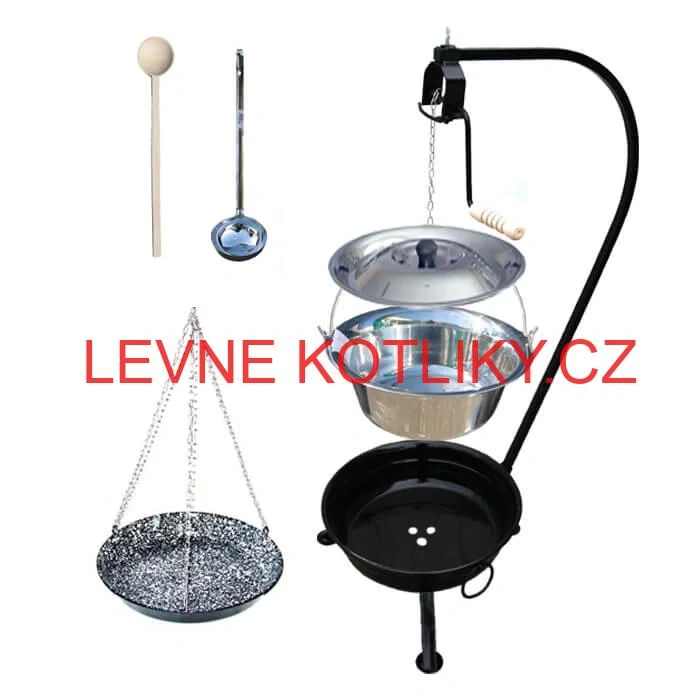 Nerezový kotlík 10 L (1,2 mm) INOX + smaltovaná pánev + ohniště se stojanem as pojistnou kladkou VAR