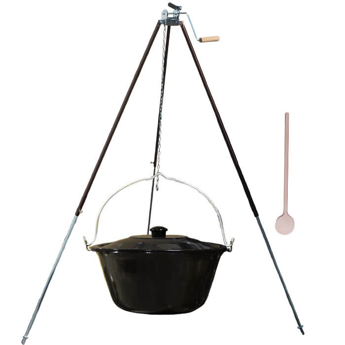 Smaltovaný kotlík 16 L (1,2 mm) + teleskopická trojnožka s pojistnou kladkou + poklice