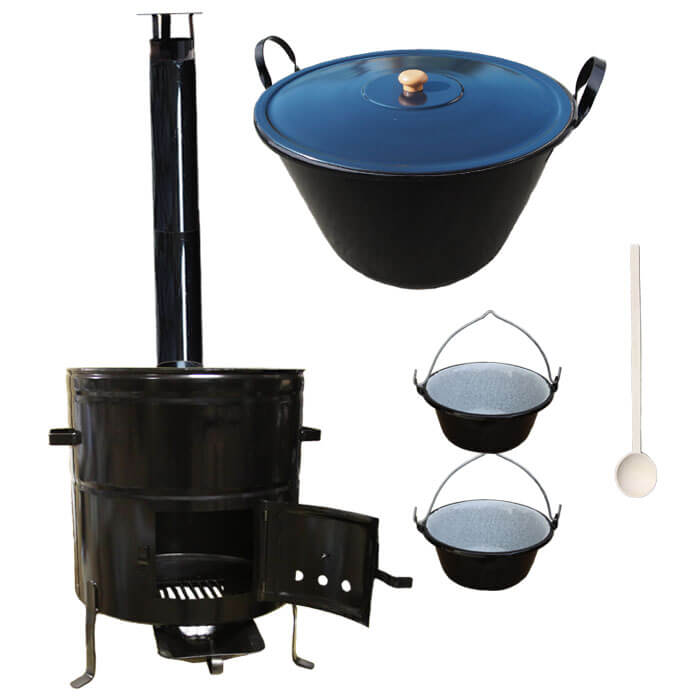 Zabijačkový smaltovaný kotel 100 L + kovová kotlina 58 cm + 2 servírovací kotlíky  a kouřovod